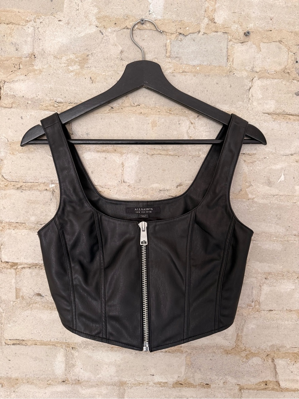 All Saints Black Faux Leather Zip-Front Odette Corset Top